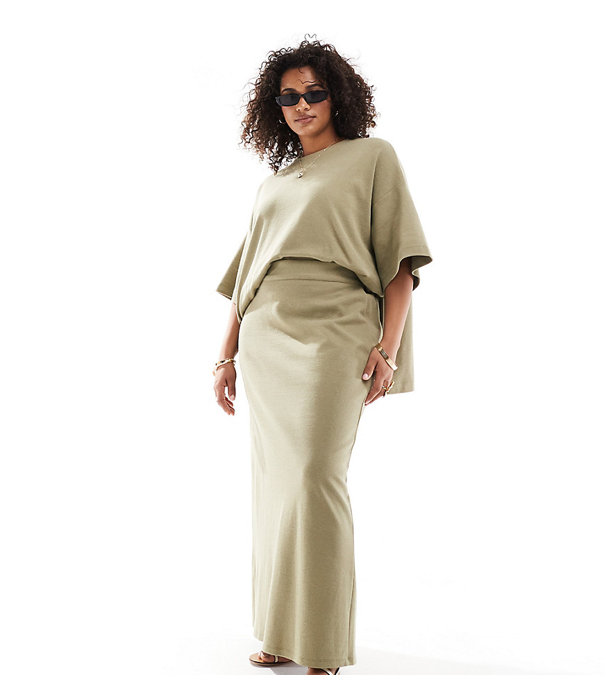 ASOS EDITION Curve premium heavy weight textured jersey column maxi skirt in khaki-Neutral