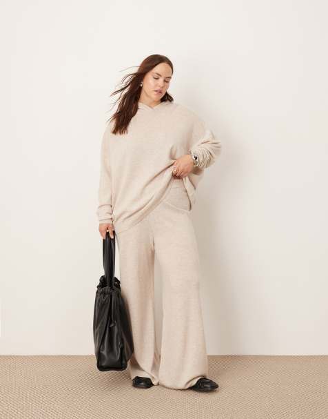 ASOS Edition Curve – Premium – Dzianinowe spodnie z szerokimi nogawkami z dodatkiem kaszmiru w owsianym kolorze, część zestawu - view 1