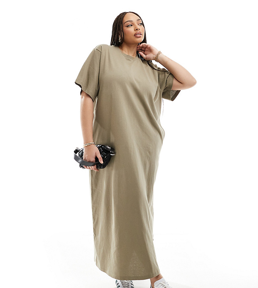 Curve premium heavy weight T-shirt maxi dress with pockets in khaki green