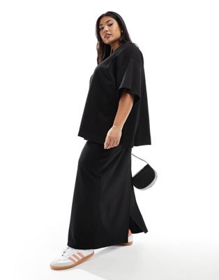 ASOS EDITION Curve premium heavy weight textured jersey column maxi skirt in black