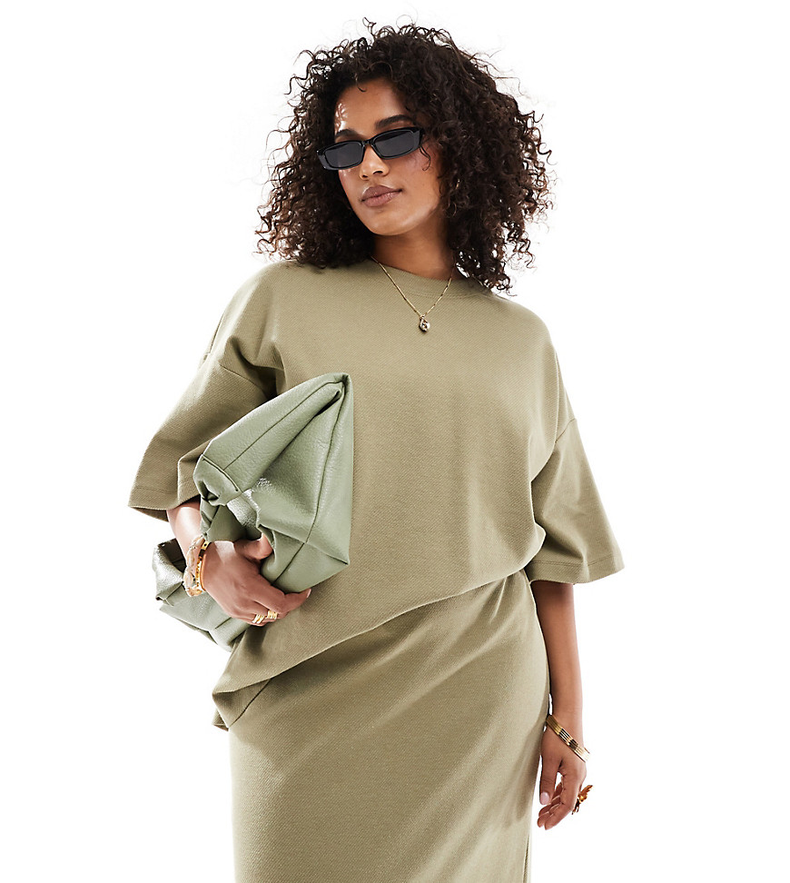 ASOS EDITION Curve premium heavy weight textured jersey oversized t-shirt in khaki-Neutral