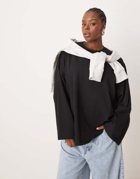 ASOS EDITION Curve premium heavyweight cotton oversized long sleeve t-shirt in black - view 1