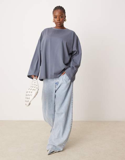 ASOS EDITION Curve premium heavyweight cotton oversized long sleeve t-shirt in slate blue - view 1