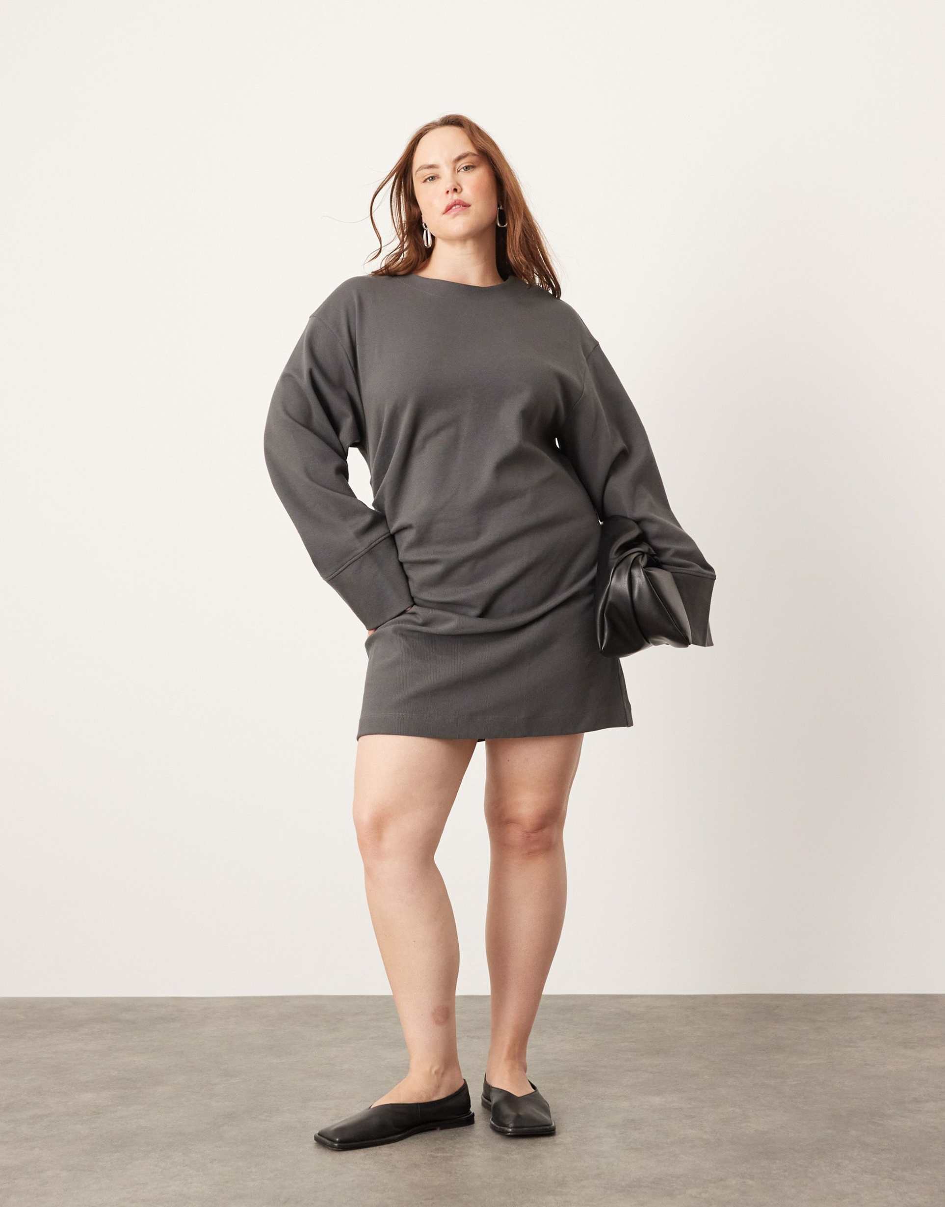 asos edition curve premium jersey long sleeve mini dress in charcoal