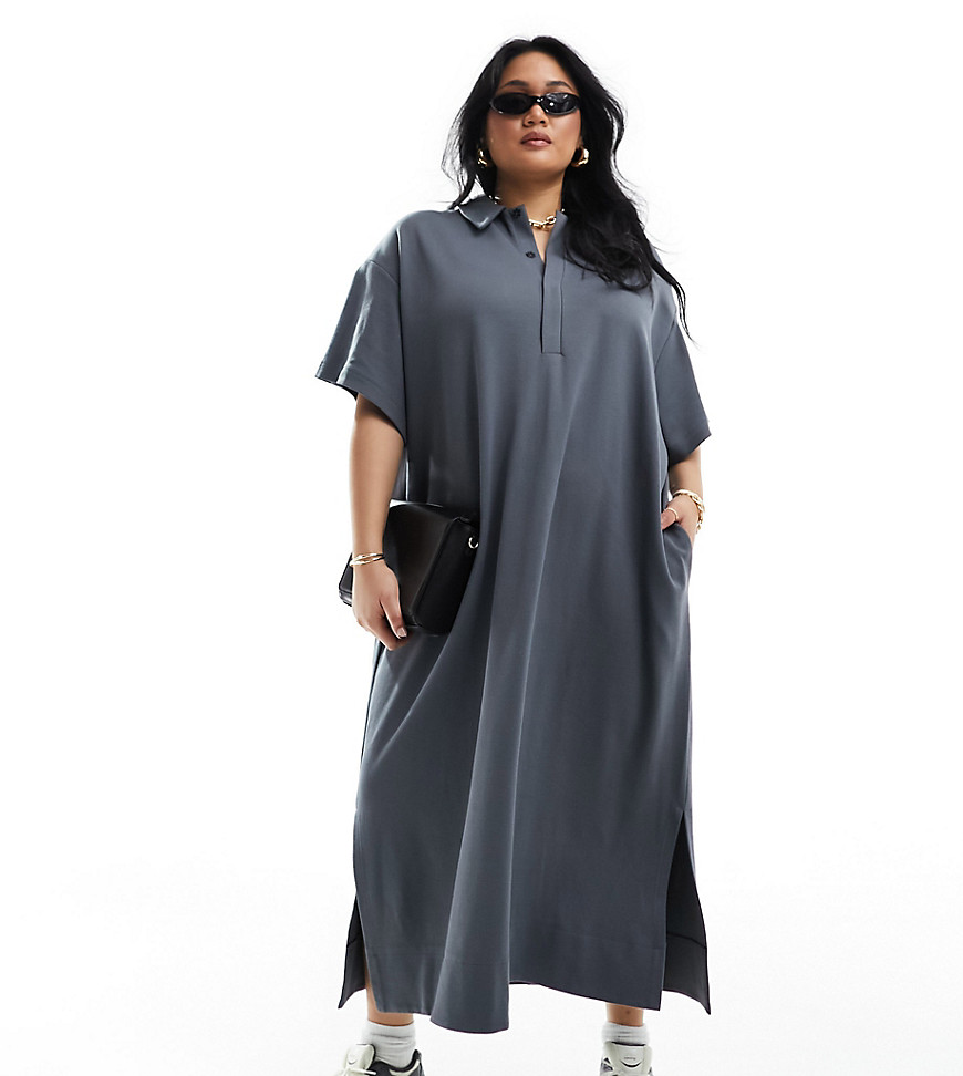 ASOS EDITION Curve premium jersey polo maxi dress in charcoal-Grey