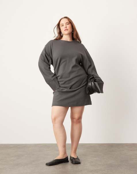 ASOS EDITION Curve – Premium – Mörkgrå miniklänning i jersey med långa ärmar - view 1