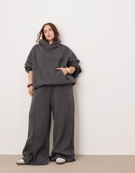 ASOS EDITION Curve premium oversized heavy weight wide leg jogger with seam detail in charcoal - view 1