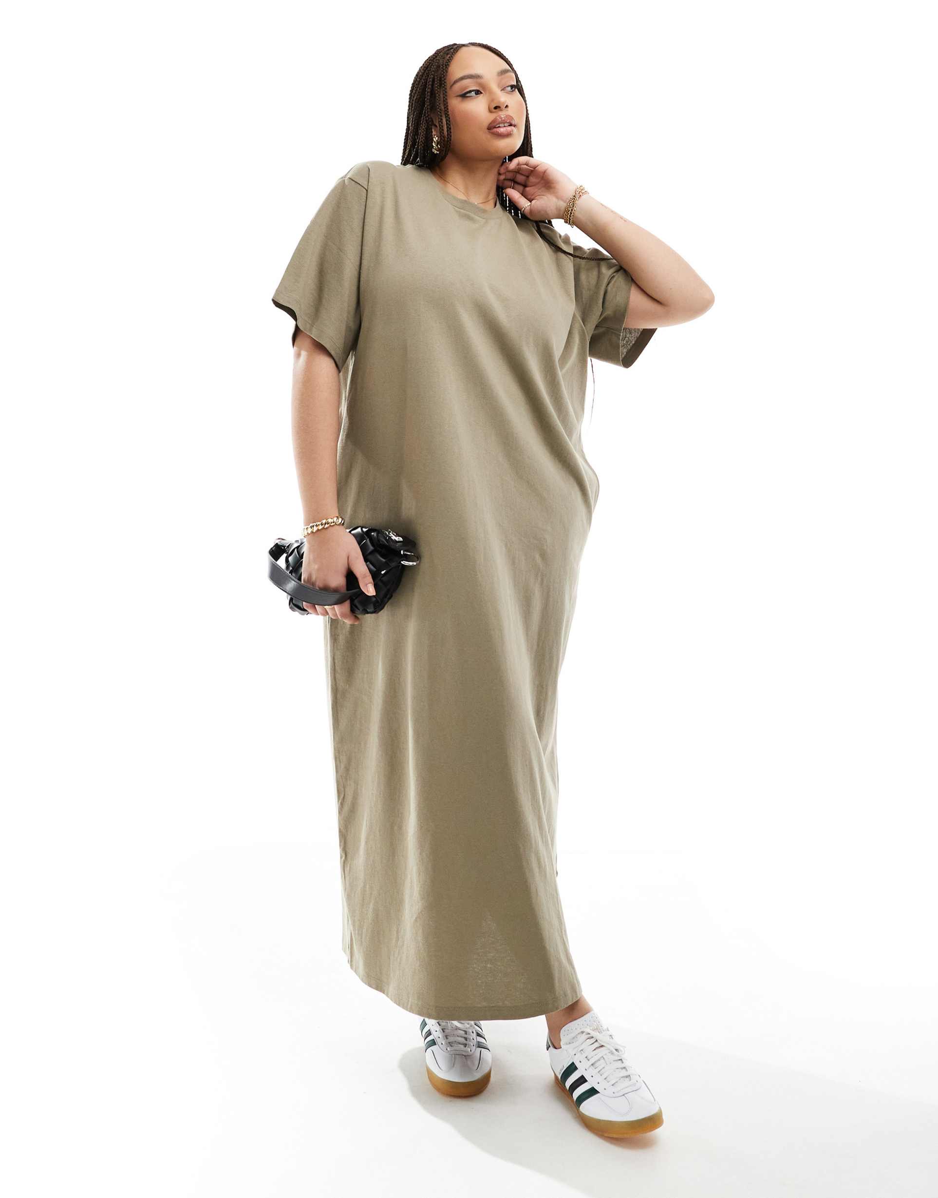 asos edition curve premium t-shirt maxi dress with pockets in khaki