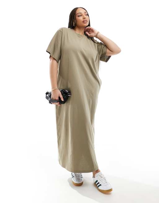 ASOS EDITION Curve premium t shirt maxi dress with pockets in khaki ASOS