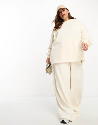 Curve premium textured jersey pants in cream-White