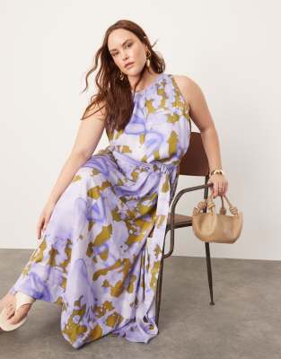 ASOS EDITION ASOS EDITION Curve racer neck maxi dress with d ring in lilac abstract print-Multi