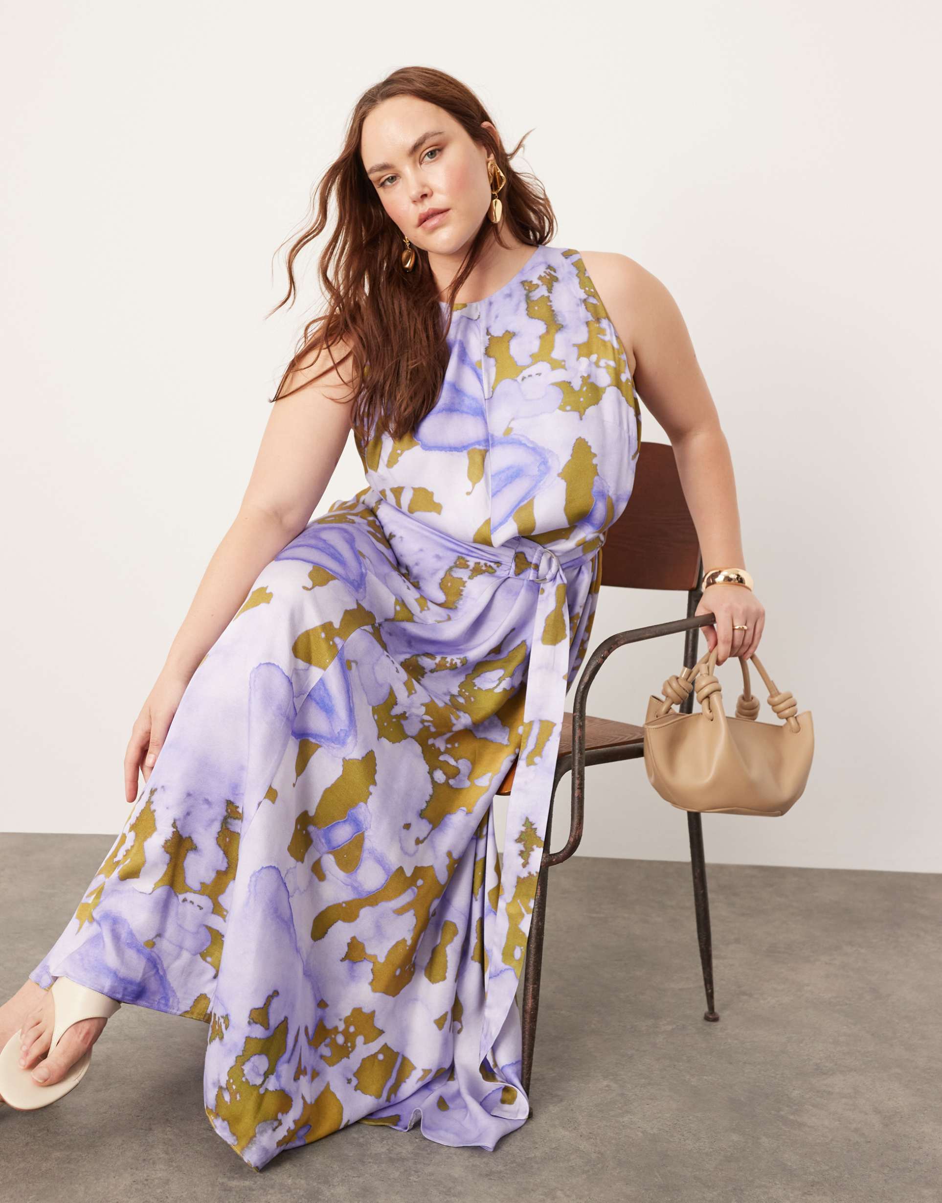 asos edition curve racer neck maxi dress with d ring in lilac abstract print