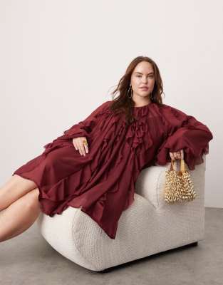 ASOS EDITION Curve raw edge ruffle mini dress with balloon sleeve in burgundy-Red