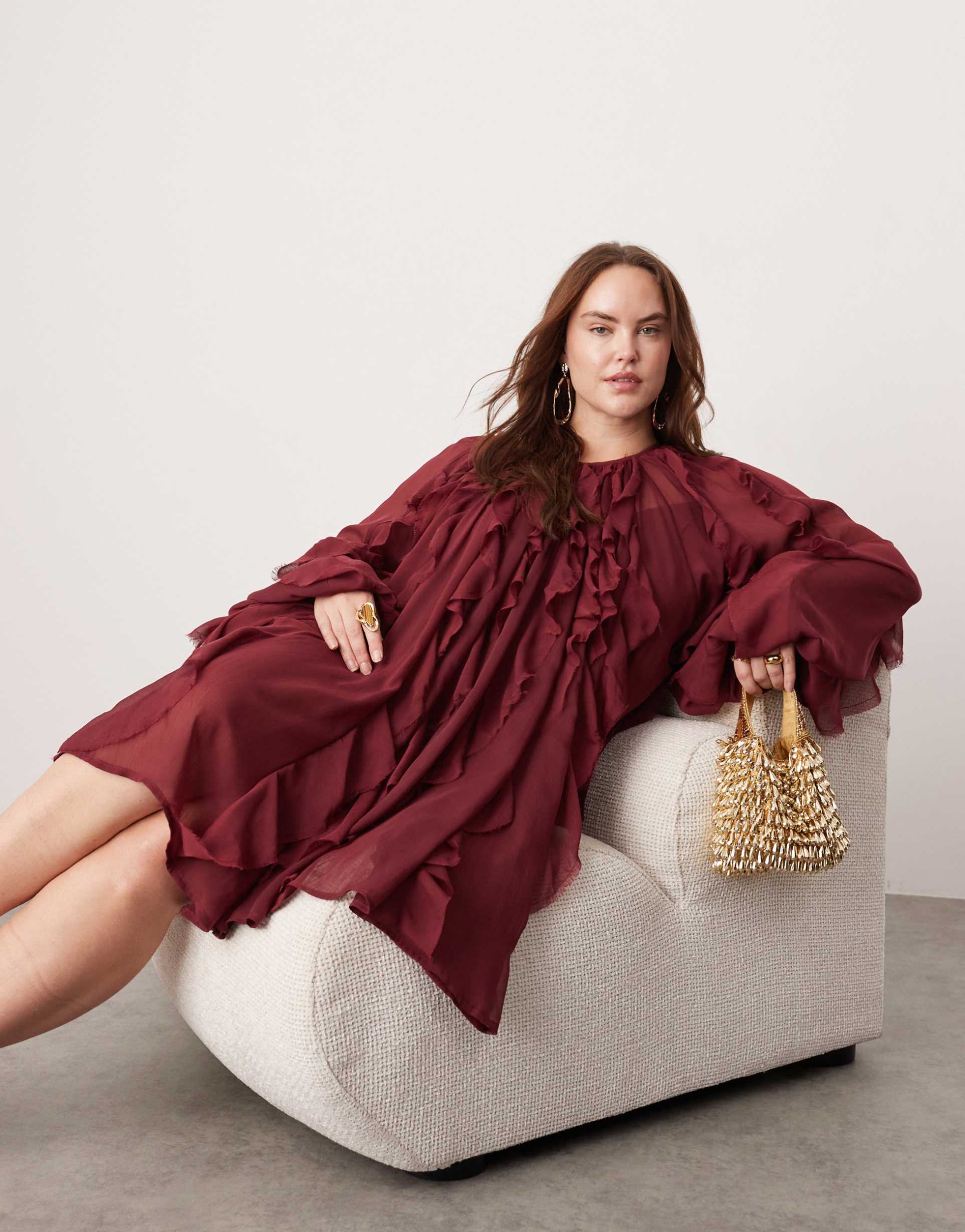 asos edition curve raw edge ruffle mini dress with balloon sleeve in burgundy