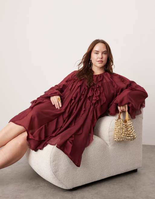 ASOS Edition Curve Raw Edge Ruffle Mini Dress with Balloon Sleeve in burgundy Red