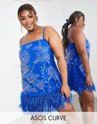 ASOS EDITION Curve floral sequin and bead mini dress with faux feather hem in bright blue - ASOS Price Checker
