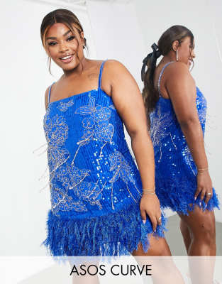 ASOS EDITION Curve - Robe à sequins courte avec motif fleuri en perles et ourlet orné de plumes synthétiques - Bleu vif