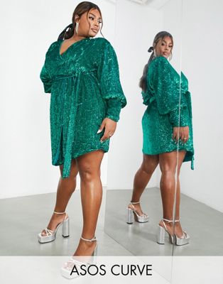 ASOS EDITION Curve sequin wrap mini dress in teal green - ASOS Price Checker