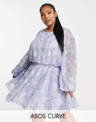 ASOS EDITION Curve - Robe courte cintr?�e ?� la taille avec manches blousantes et motif fleuri 
