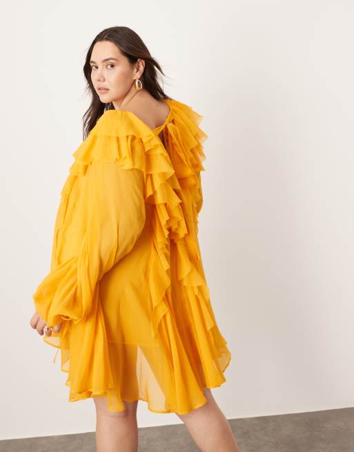 ASOS EDITION Curve - Robe courte en mousseline à volants et bords effilochés - Orange, 3 de 4