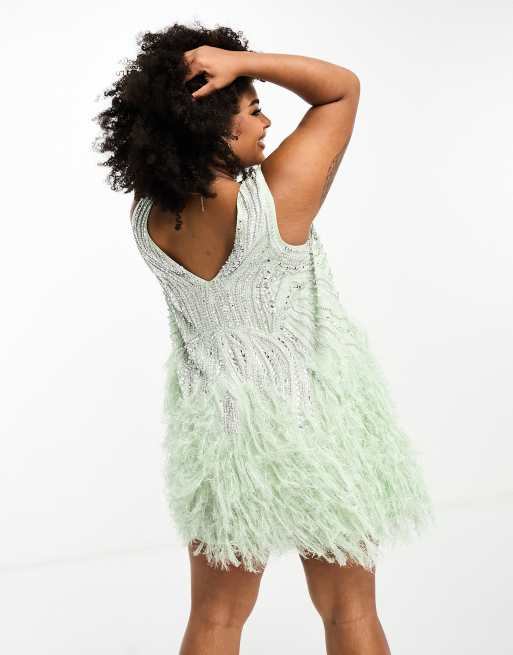 ASOS EDITION Curve - Robe courte ornée de strass et perles avec ourlet à plumes synthétiques - Vert sauge, 4 de 4