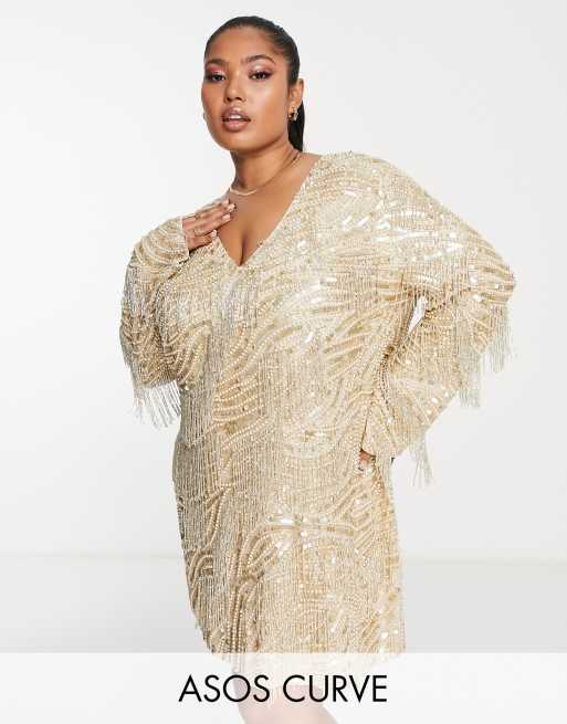 ASOS EDITION Curve Robe droite courte ornement e col en V avec franges Dor