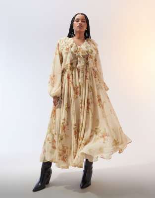 Robe Fluide En Mousseline à Fleurs - Col Mao - Taille M - Beige/marron - Neuf Sans étiquettes