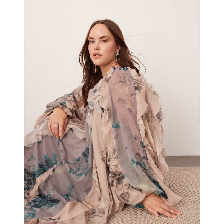 Robe Longue Fleurie Crème Et Rose - Taille Grande 30 Manches Courtes - Style A-Line