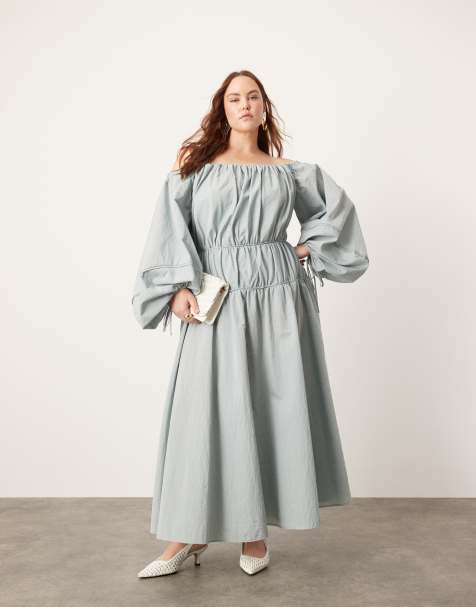 ASOS EDITION Curve - Robe longue plissée à encolure bardot et manches ballon - Bleu - view 1