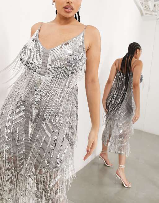 ASOS EDITION Curve Robe mi longue a bretelles fines avec franges et sequins Argente ASOS