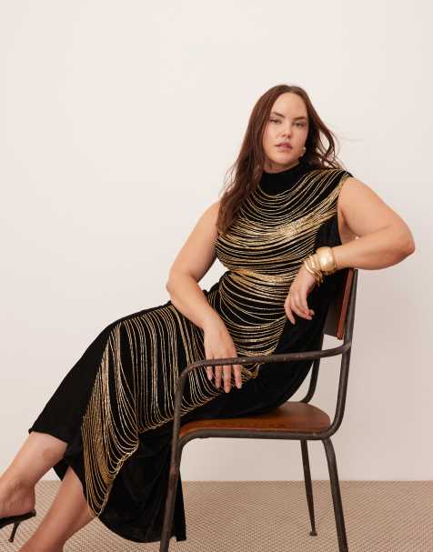 ASOS EDITION Curve - Robe mi-longue à col montant effet velours ornée de franges drapées - Noir - view 1