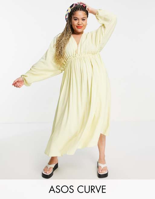 ASOS EDITION Curve - Robe mi-longue à taille froncée et manches chauve-souris - Vert citron délavé