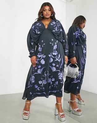 ASOS EDITION Curve batwing chiffon midi dress with floral embroidery in petrol blue - ASOS Price Checker