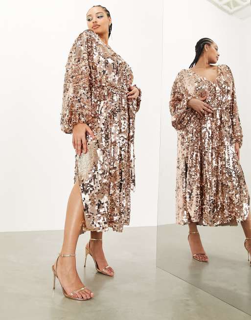 ASOS EDITION Curve - Robe portefeuille mi-longue à manches chauve-souris et sequins - Doré