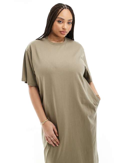 ASOS EDITION Curve - Robe t-shirt longue à poches de qualité supérieure - Kaki, 2 de 4