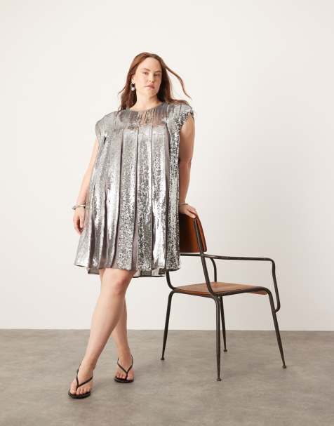 ASOS EDITION Curve - Robe trapèze courte et plissée avec sequins sur l'ensemble - Gris - view 1