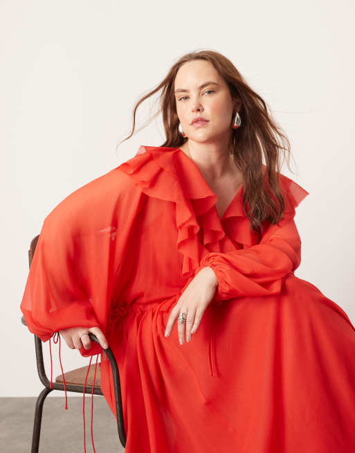 ASOS EDITION Curve Robe volantee longue a bords bruts avec cordon de serrage a la taille Rouge