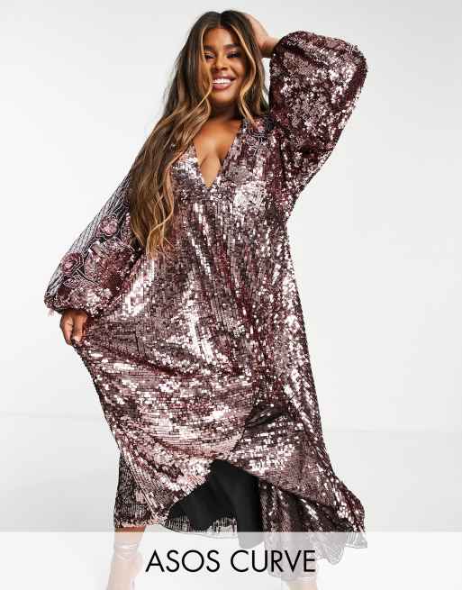ASOS EDITION Curve – Rosa, utsmyckad midiklänning med blusärmar
