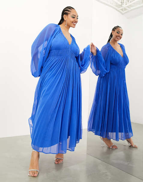 ASOS EDITION Curve ruched gathered waist drawstring maxi dress in bright blue - view 1