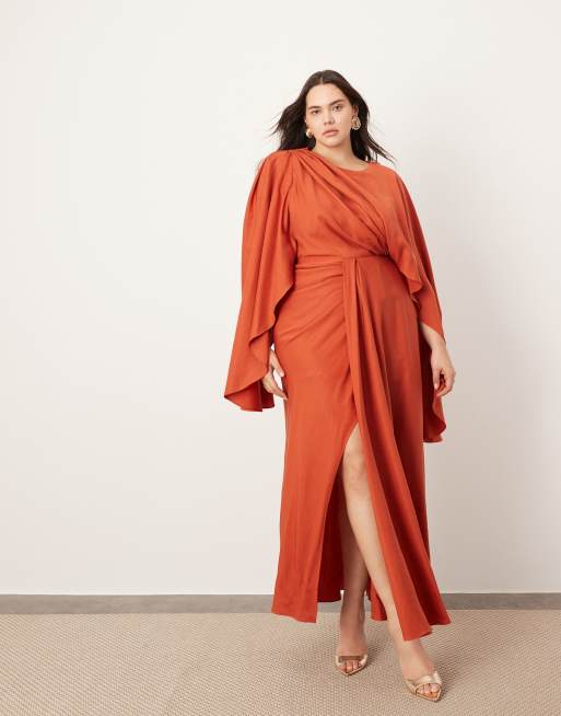 ASOS EDITION Curve - Rustfarvet og græsk maxikjole med udskæring og voluminøse ærmer med svaj