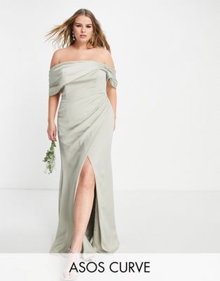 ASOS EDITION Curve satin bardot drape wrap maxi dress in sage green