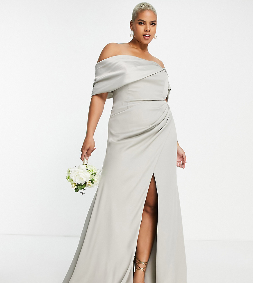 Plus-size dress by ASOS EDITION All dressed up Bardot neck Off-shoulder sleeves Zip-back fastening Thigh split Slim fit
