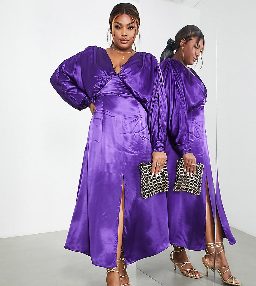 ASOS EDITION Curve satin drape batwing midi dress in purple