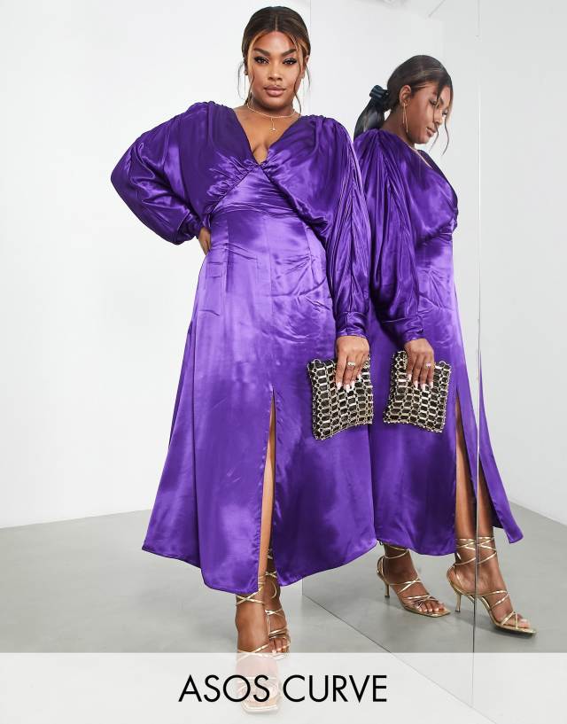 ASOS EDITION Curve satin drape batwing midi dress in purple