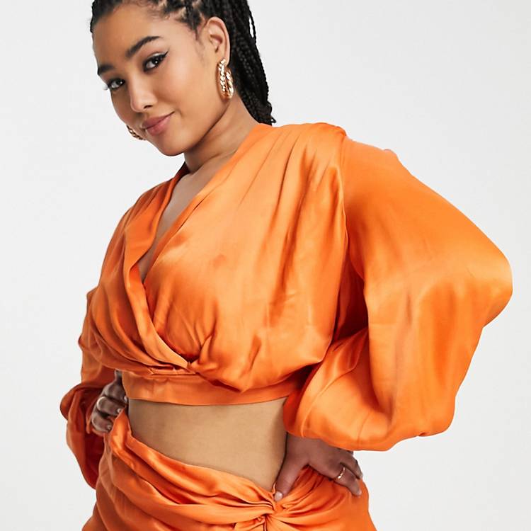 Satin drape blouson sleeve top with open back in spicy Asos Women Clothing Tops Backless Tops 