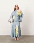 [ASOS EDITION] ASOS EDITION Curve satin embroidered drape one shoulder midi dress in blue 24 Airforce blue