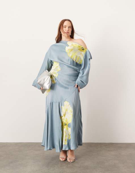 ASOS EDITION Curve satin embroidered drape one shoulder midi dress in blue