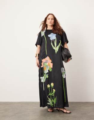 ASOS EDITION ASOS EDITION Curve satin floral embroidered t-shirt maxi dress in black