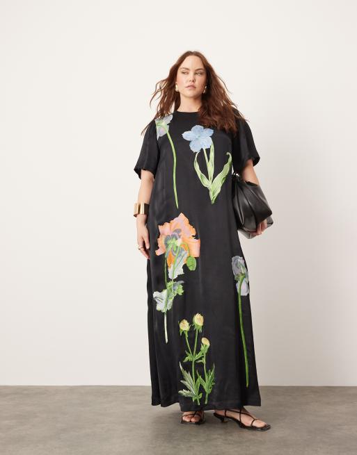 ASOS EDITION Curve satin floral embroidered t shirt maxi dress in black