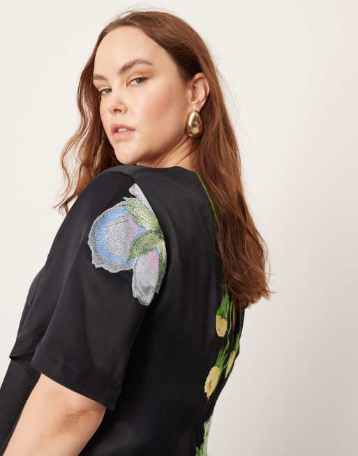 ASOS EDITION Curve satin floral embroidered t-shirt maxi dress in black |  ASOS